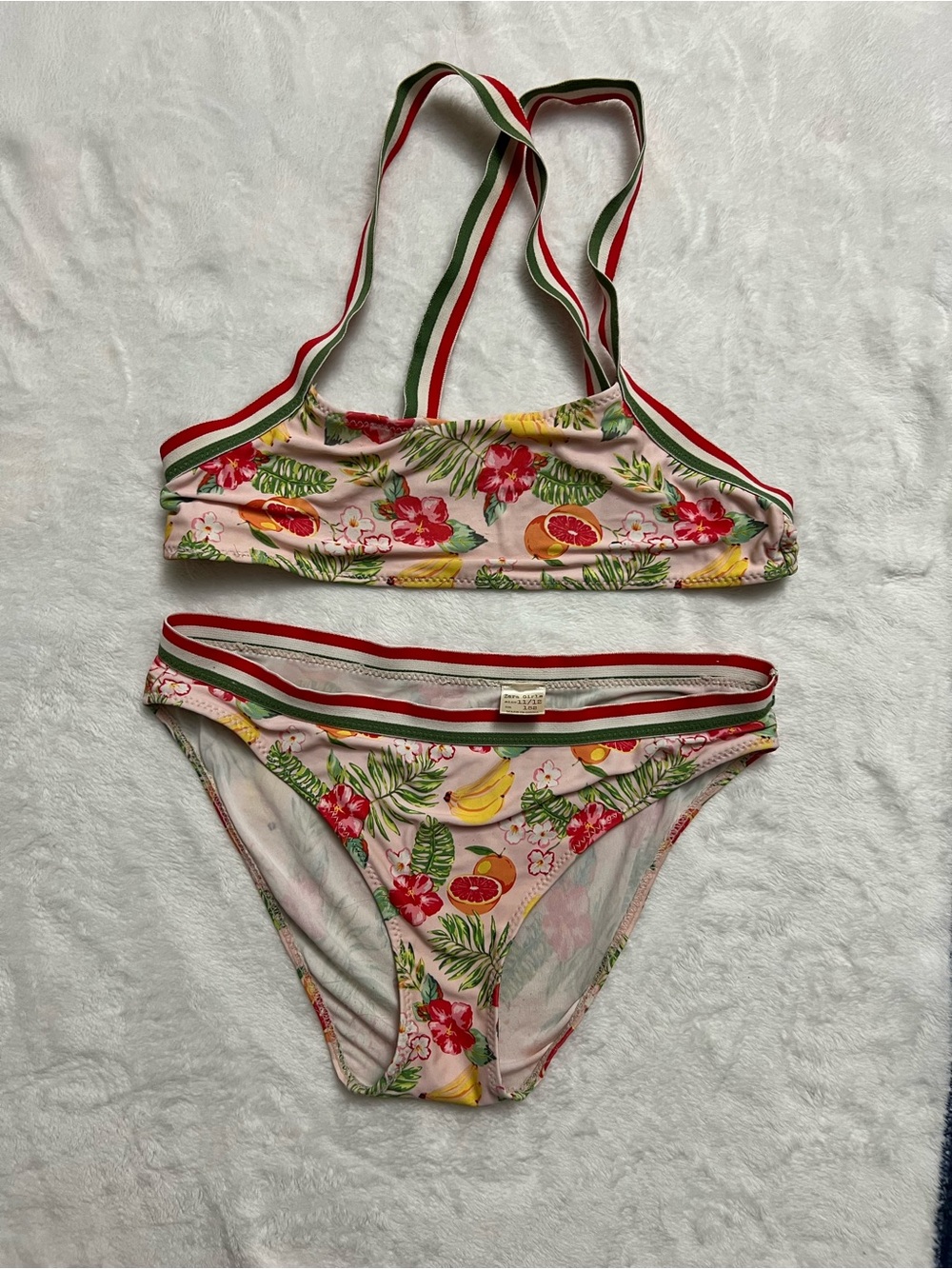 Zara Girls Pink Tropical Fruit Bikini with Red & Green Striped Trim